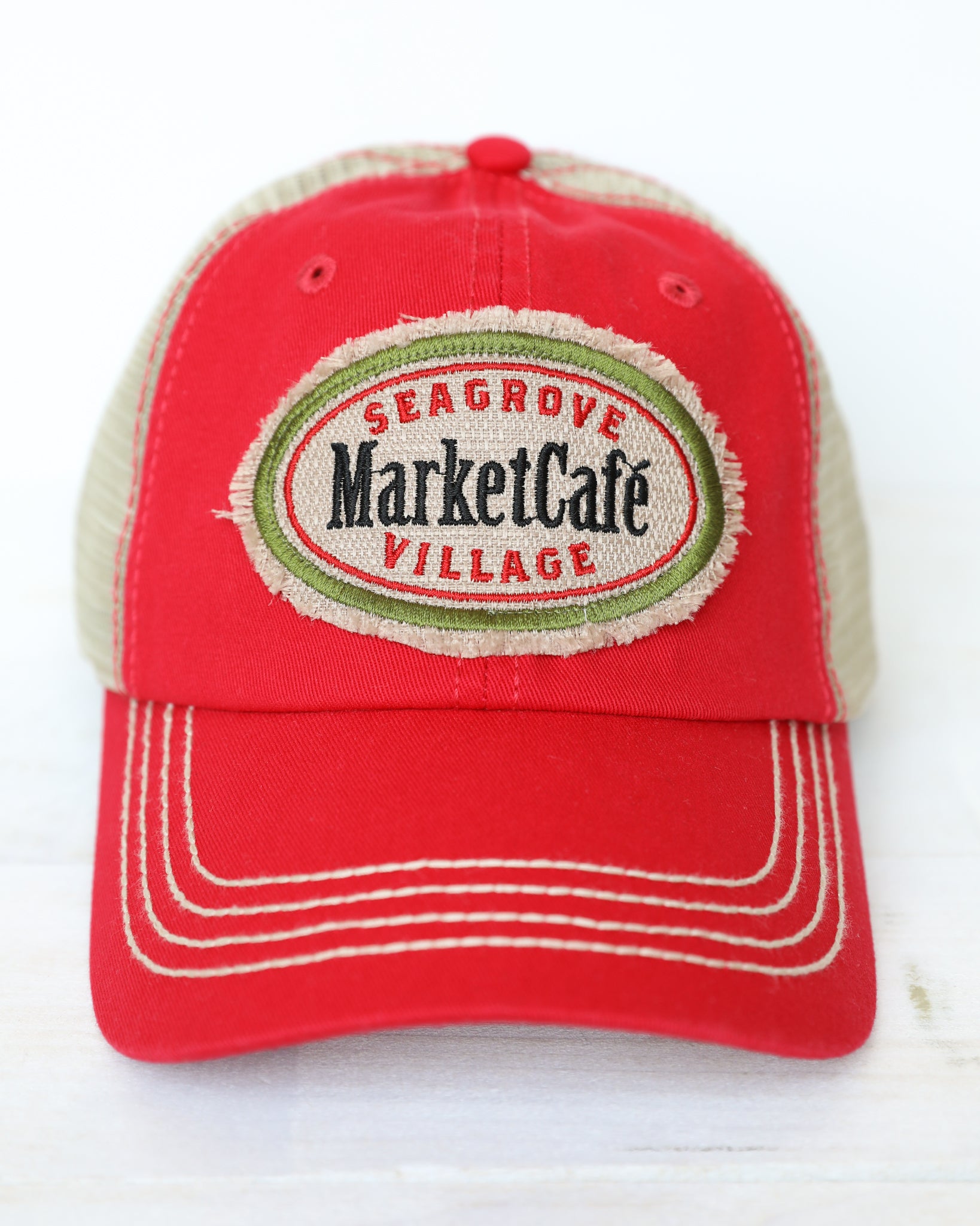 Red/Stone Mesh Seagrove Village Market Logo Trucker Hat